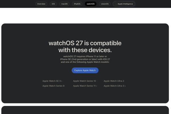更新後の「watchOS 27」紹介ページ