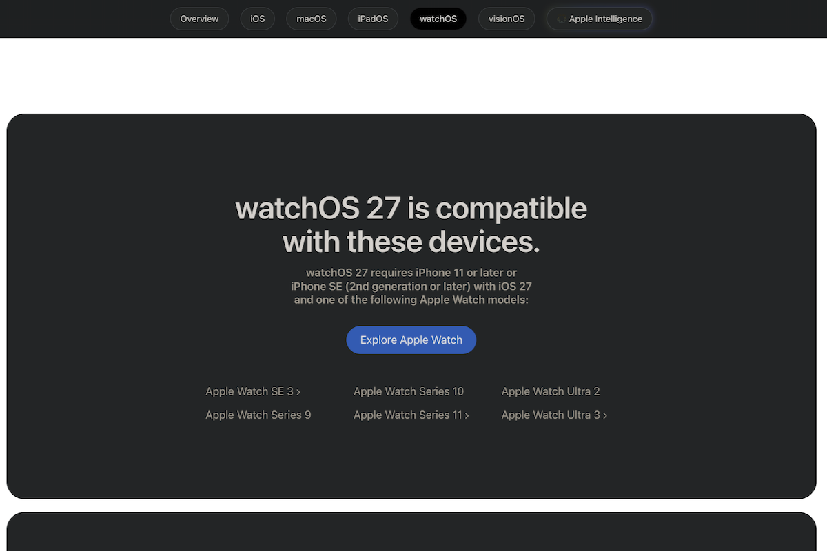 更新後の「watchOS 27」紹介ページ