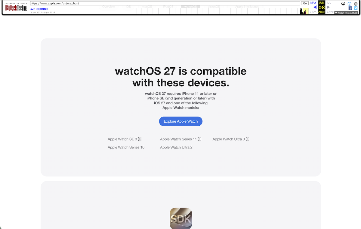 更新前の「watchOS 27」ページ（Internet Archiveより）