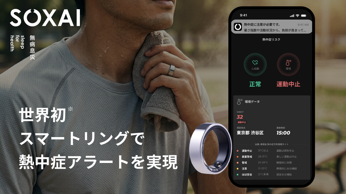 SOXAI、スマートリングに熱中症アラート機能を実装　バイタルデータや暑さ指数を分析し熱中症対策をサポート