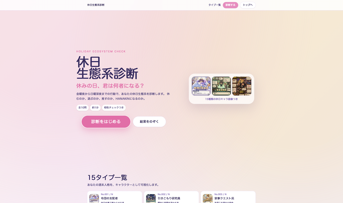 「休日生態系診断」のトップページ