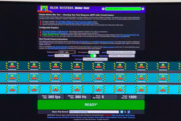 Blur BustersのGhostingテストで残像感ゼロを実証したMPG 341CQR QD-OLED X36の画面撮影