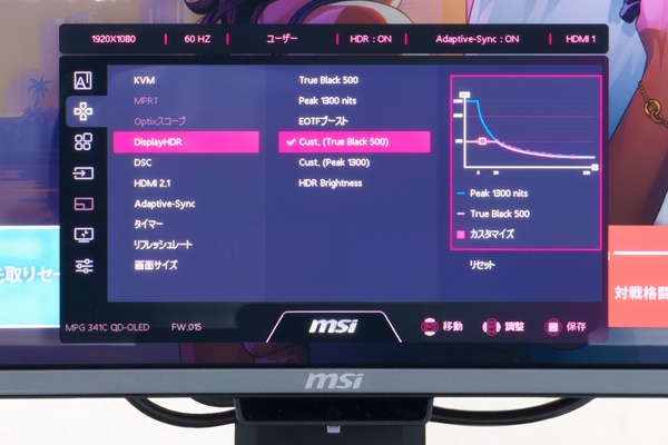 ABLによる不意の画面暗転を抑えるMSI独自のHDR輝度カーブ調整機能ユニフォーム・ルミナンスのOSD画面