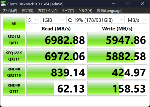 シーケンシャルリード約6982MB/秒の高数値を記録したCrystalDiskMark 9.0.1のストレージベンチマーク結果