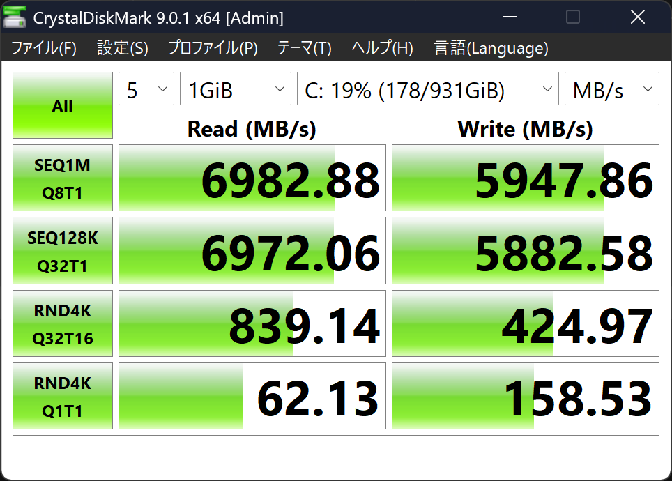 シーケンシャルリード約6982MB/秒の高数値を記録したCrystalDiskMark 9.0.1のストレージベンチマーク結果