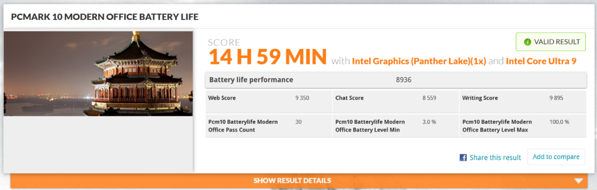 PCMark 10 Modern Office Battery Lifeテストで14時間59分の連続駆動を実証したスタミナ検証結果