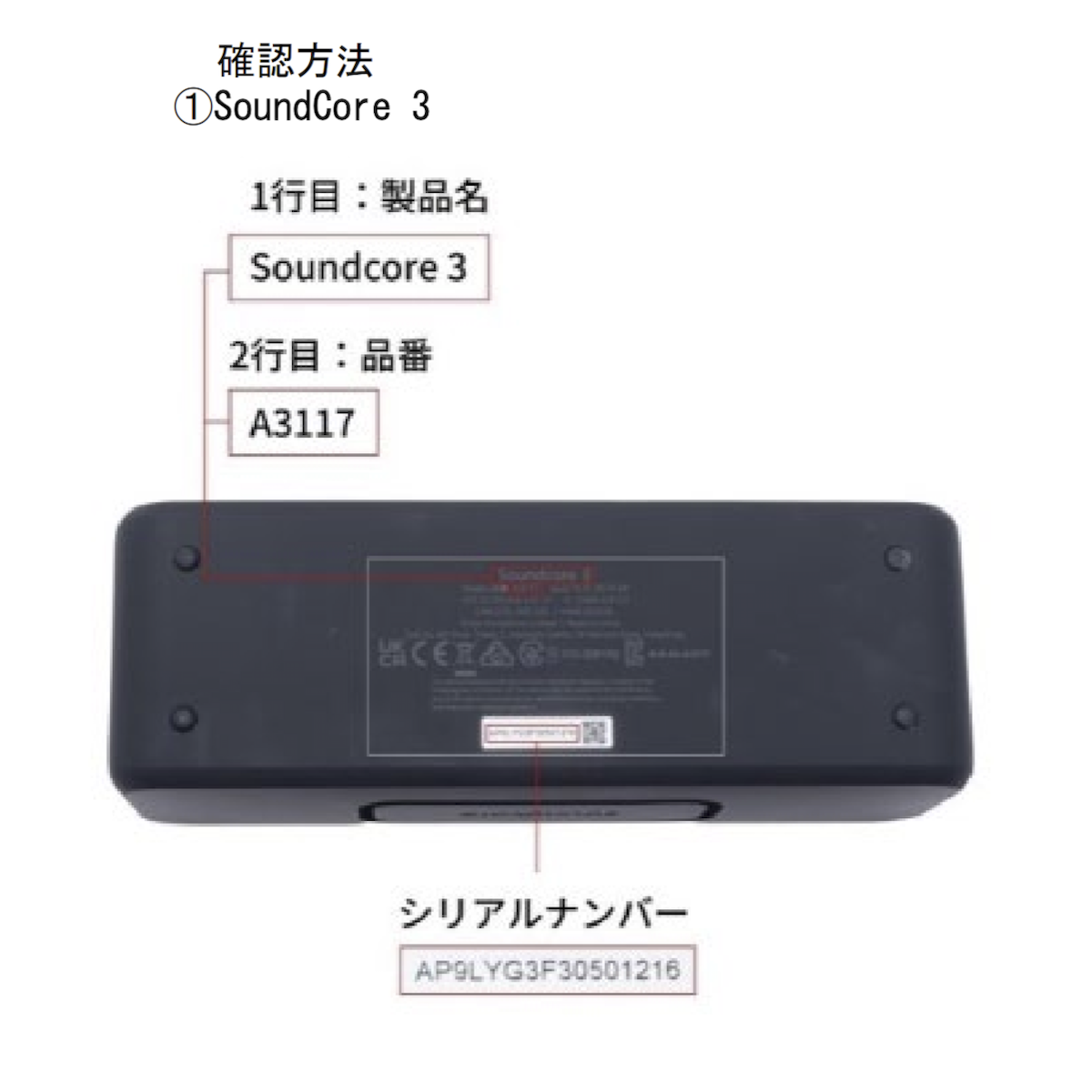 シリアルナンバー等の確認方法(Soundcore 3)