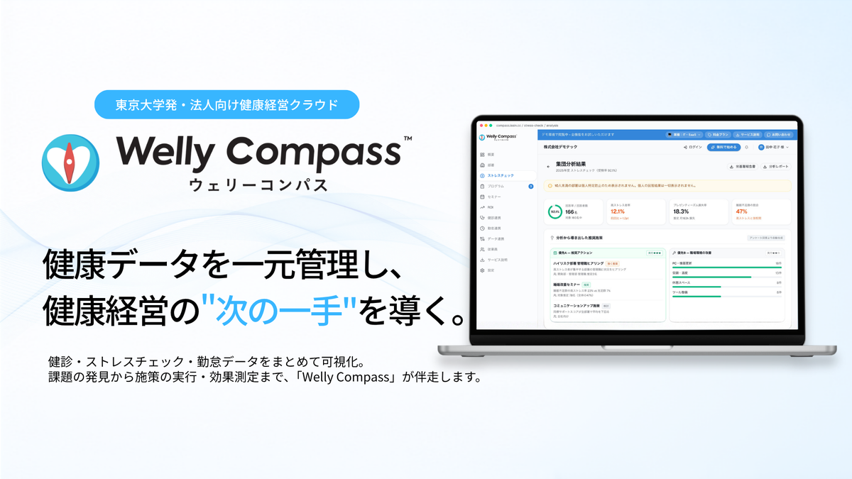 法人向け健康経営支援サービス「Welly Compass」提供開始、健康データの一元管理から施策までを支援