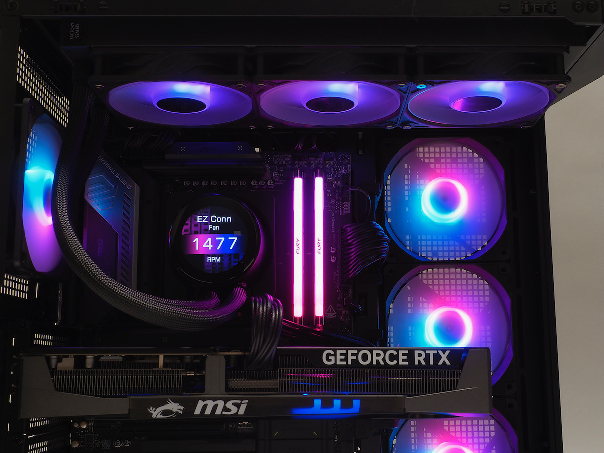 Ryzen 7 9800X3DとGeForce RTX 5070 Tiをピラーレスケースに組み込みMPG CORELIQUID P13 360で冷却している実機検証環境