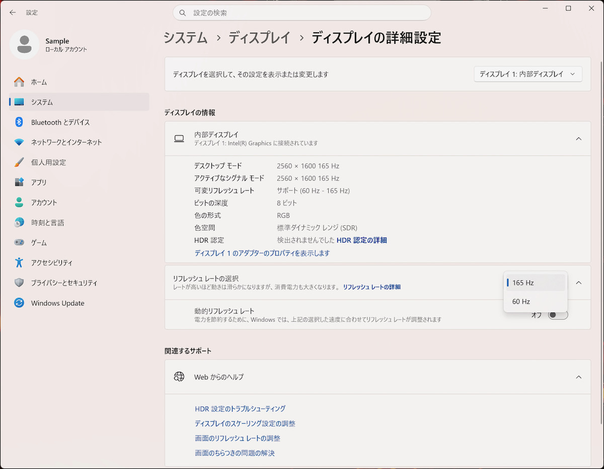 解像度2560×1600ドットおよびリフレッシュレート165Hz駆動を示すWindowsディスプレイ設定画面