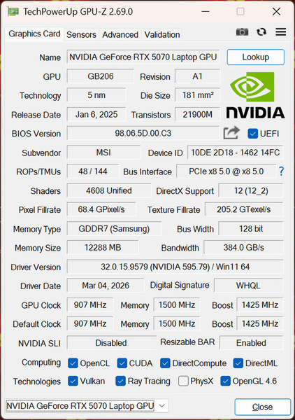 VRAMがGDDR7 12GBに増量されたGeForce RTX 5070 Laptop GPUのGPU-Z画面