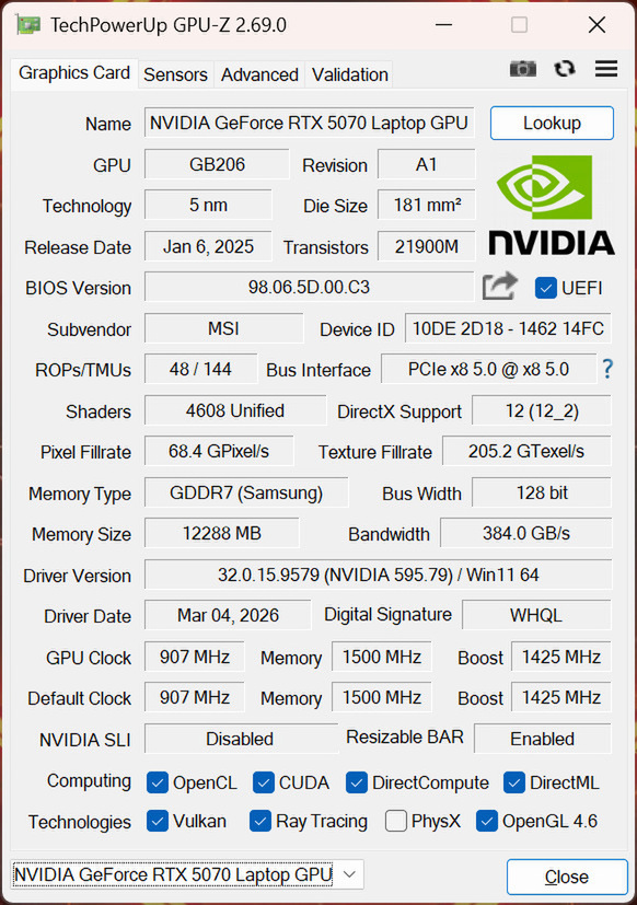 VRAMがGDDR7 12GBに増量されたGeForce RTX 5070 Laptop GPUのGPU-Z画面