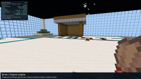 Minecraft内で動作するNeuroCraft Flyのデモ画面