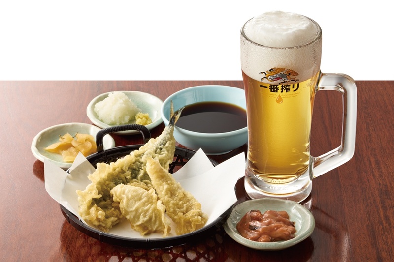Today: Draft Beer & Pacific Saury Tempura at Tenya! 3 Tempura Varieties + Shiokara for ¥1000
